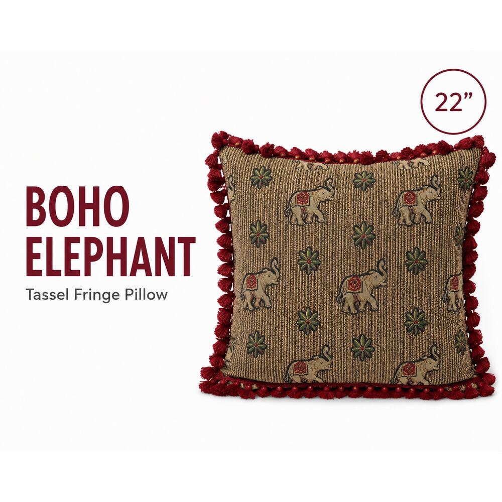 Pair Elephant Tapestry Pillow Covers Tassel Fringe Boho Decor 22x22